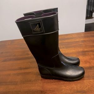 Sperry Rain Boots. Women size 6. Black with purple interior.